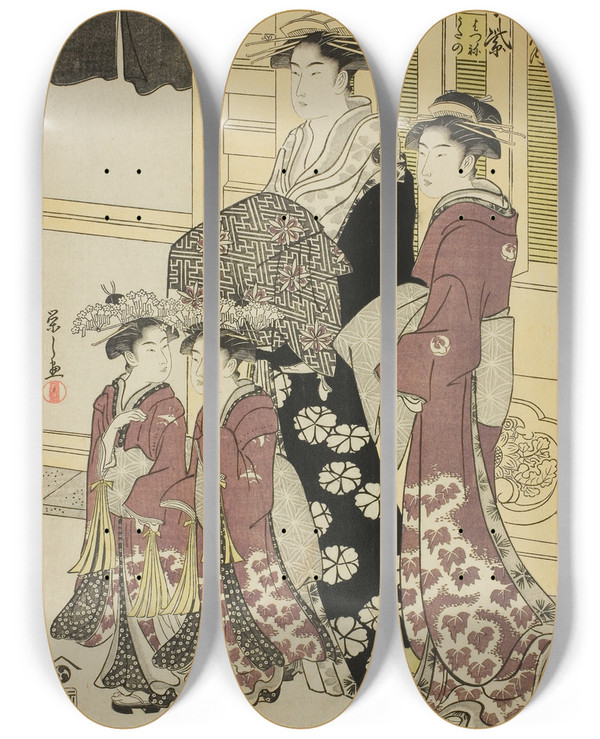 Triptych art skateboard deck of Chbunsai Eishi Komurasaki Of The Kadotamaya With Attendants Hatsune And Utano by Chobunsai Eishi (1756-1829)
