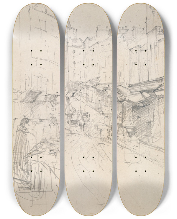 Triptych art skateboard deck of Walter Frederick Osborne Christchurch Cathedral Dublin From Patrick Street by Walter Frederick Osborne (1859-1903)