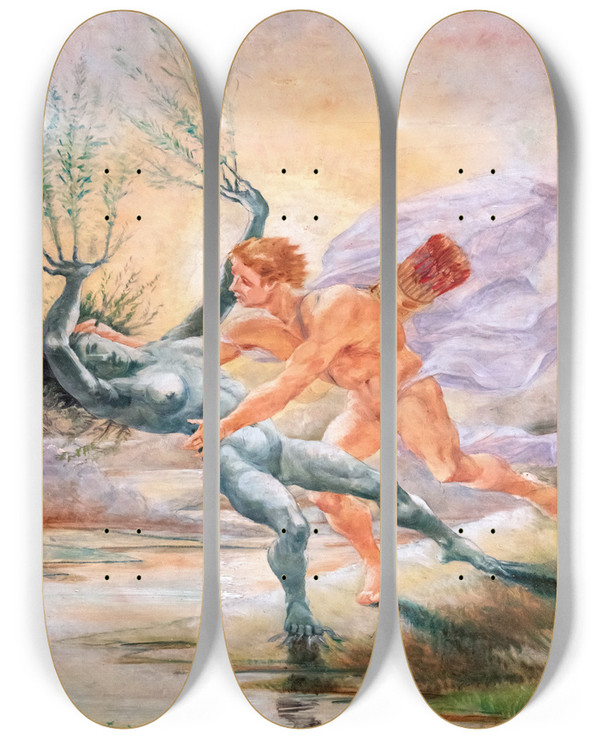 Triptych art skateboard deck of Jeanbaptiste Cariven Apollo And Daphne by Jean-Baptiste Cariven (1843-1904)