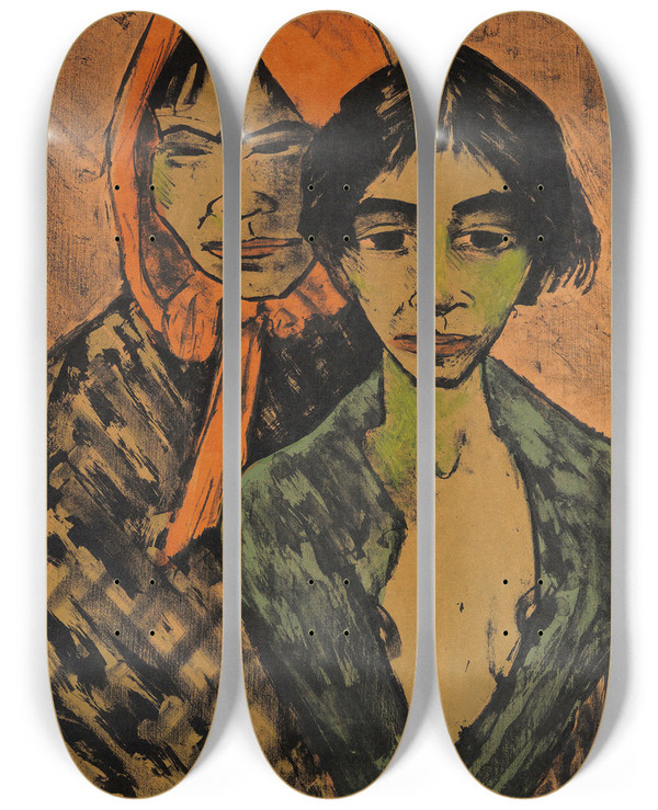 Triptych art skateboard deck of Otto Mueller Zwei Zigeunerinnen Zigeunermutter Mit Tochter by Otto Mueller (1874-1930)