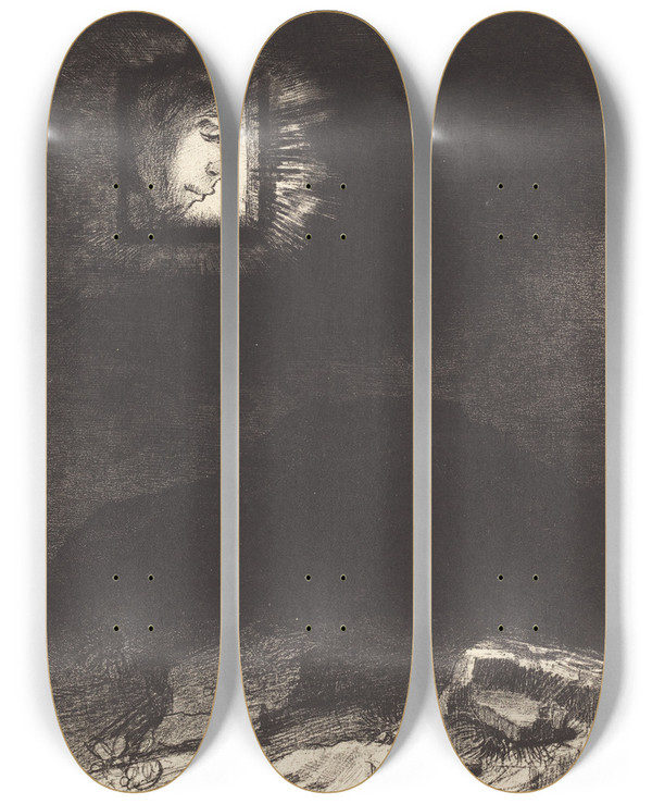 Triptych art skateboard deck of Odilon Redon Lueur Precaire Une Tete A Linfini Suspendue Precarious Glimmering A Head Suspended by Odilon Redon (1840-1916)
