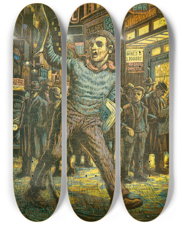 Triptych art skateboard deck of Albert Abramovitz Wuxtry by Albert Abramovitz (1879-1963)