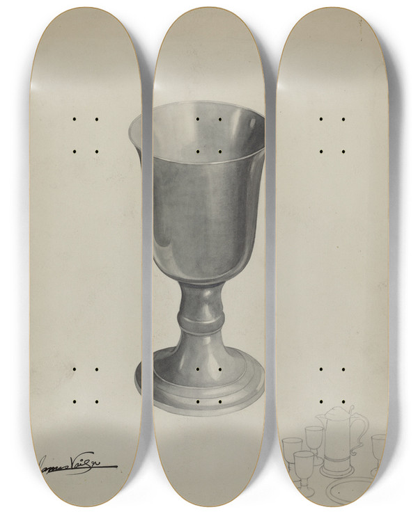 Triptych art skateboard deck of James Vail Pewter Chalice by James Vail