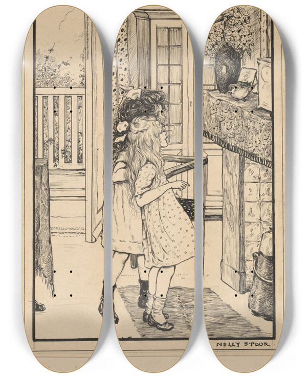 Triptych art skateboard deck of Nelly Spoor Twee Meisjes Kijkend Naar Een Vogel Op Een Schouw by Nelly Spoor (1885-1950)