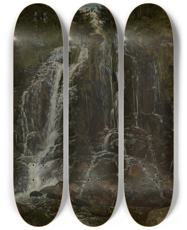 Triptych art skateboard deck of Hans Thoma Wasserfall Bei Stblasien by Hans Thoma (1839-1924)