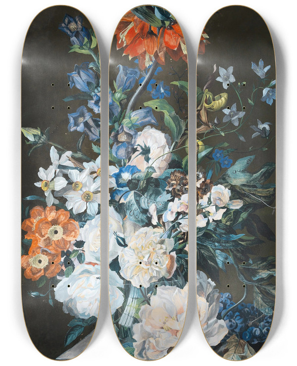 Triptych art skateboard deck of Leopold Zinngger Blumenstilleben by Leopold Zinnogger (1811-1872)