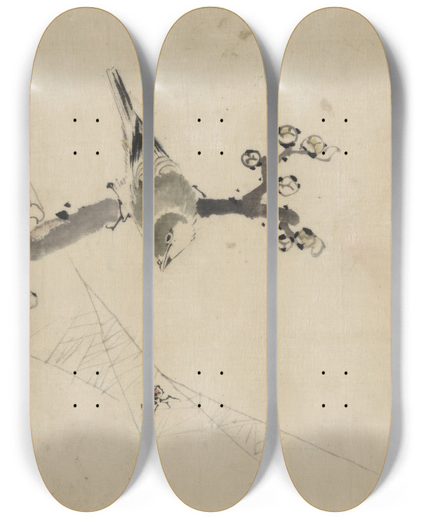 Triptych art skateboard deck of Katsushika Hokusai A Bird Perched On A Tree Branch With Blossoms Watching A Spider On A Web by Katsushika Hokusai (1760-1849)