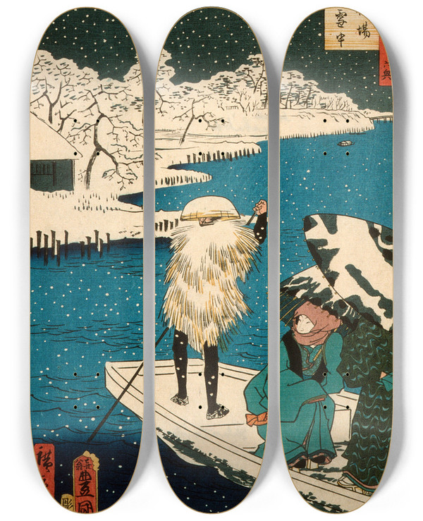 Triptych art skateboard deck of Utagawa Kunisada Toyokuni Iii Hashiba Ferry In Snow by Utagawa Kunisada (Toyokuni III) (1786-1865)