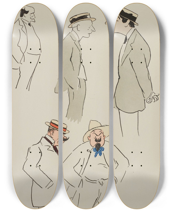Triptych art skateboard deck of Georges Goursat Sem Cinq Personnages Dont Letellier by Georges Goursat (Sem) (1863-1934)