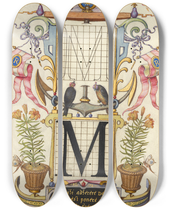 Triptych art skateboard deck of Joris Hoefnagel Guide For Constructing The Letter M by Joris Hoefnagel (1542-1600)