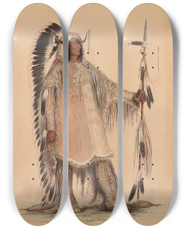 Triptych art skateboard deck of George Catlin Mahtotohpa The Mandan Chief by George Catlin (1796-1872)