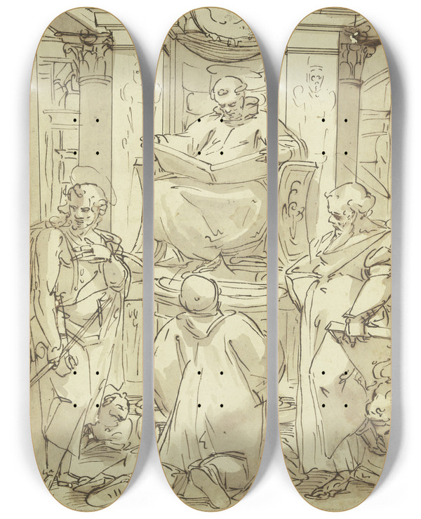 Triptych art skateboard deck of Luca Cambiaso Der Heilige Benedikt Mit Aufgeschlagenem Buch Auf Einem Postament Vor Aedicula Und Kuppelansatz Sitzend Neben Ihm Die Heiligen Johannes Der Tufer Und Lukas by Luca Cambiaso (1527-1585)