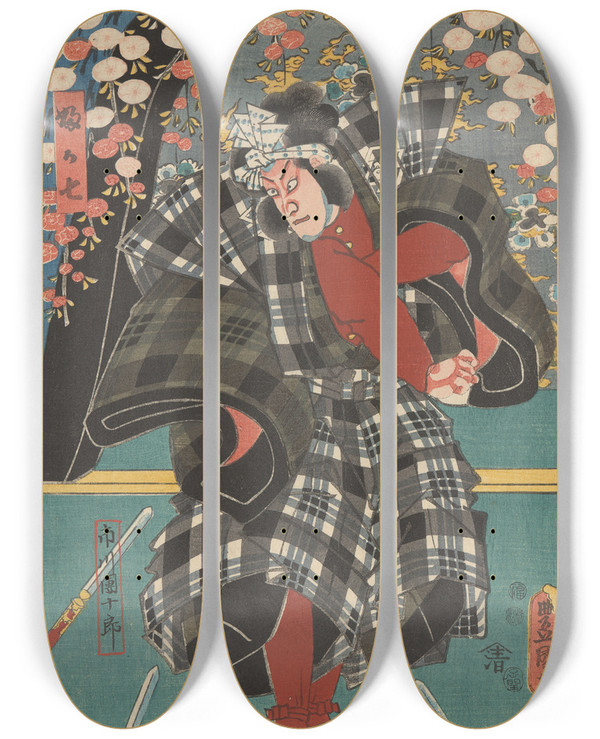 Triptych art skateboard deck of Utagawa Kunisada Toyokuni Iii The Actor Ichikawa Danjuro In A Plaid Costume by Utagawa Kunisada (Toyokuni III) (1786-1865)