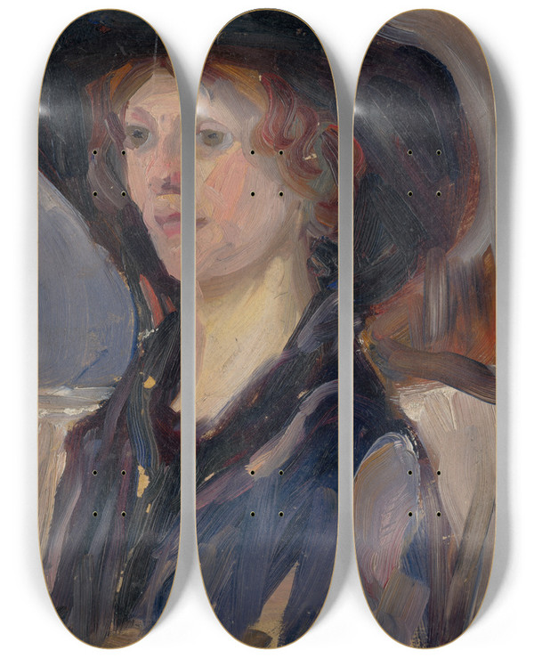 Triptych art skateboard deck of Udovt Pitthordt Head Study Of A Girl In A Hat by udovt Pitthordt (1860-1946)