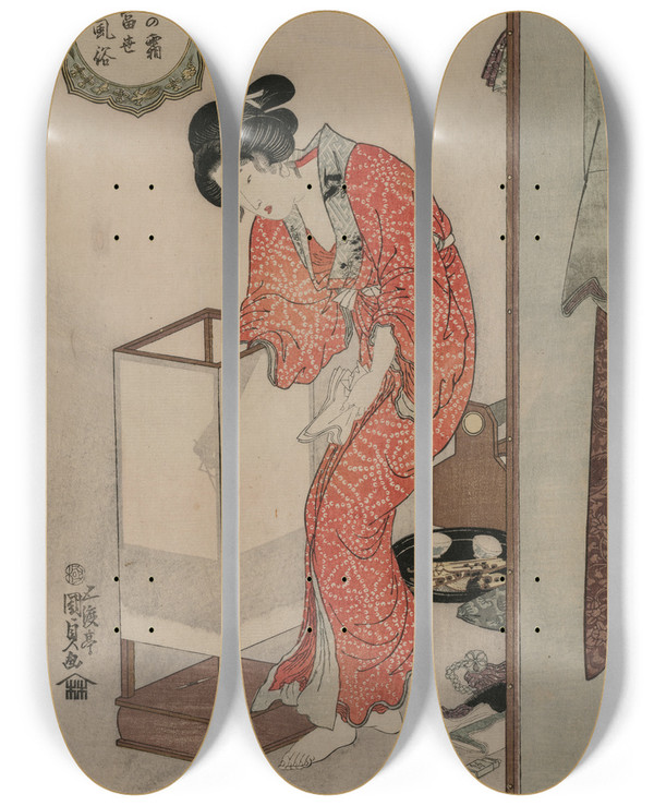 Triptych art skateboard deck of Utagawa Kunisada Toyokuni Iii Woman Putting Out A Light From The Series Modern Customs Frost Beneath The Stars by Utagawa Kunisada (Toyokuni III) (1786-1865)