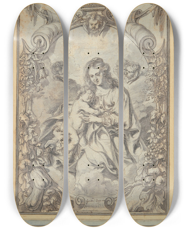 Triptych art skateboard deck of Gerard Seghers Madonna Within Ornamentalframe by Gerard Seghers (1591-1651)