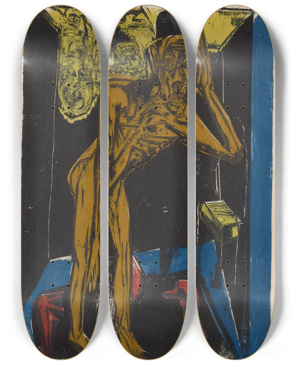 Triptych art skateboard deck of Ernst Ludwig Kirchner Schlemihl In Der Einsamkeit Des Zimmers by Ernst Ludwig Kirchner (1880-1938)