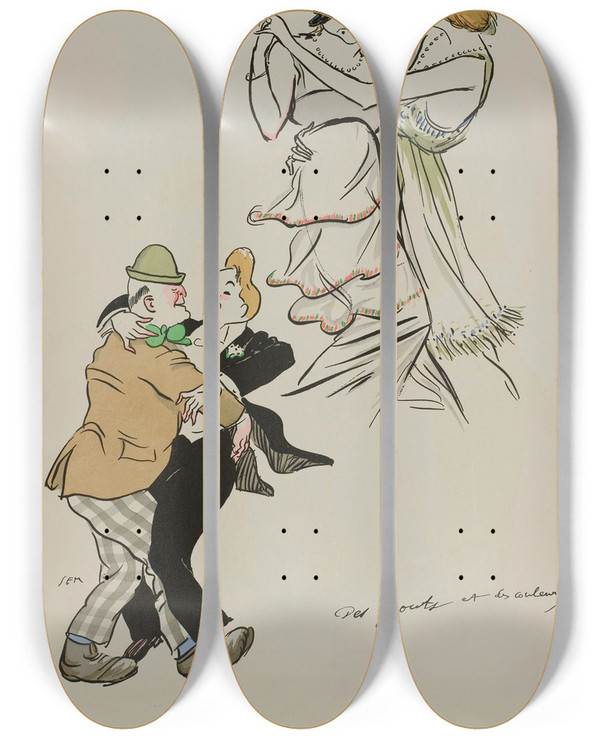 Triptych art skateboard deck of Georges Goursat Sem Des Gots Et Des Couleurs by Georges Goursat (Sem) (1863-1934)