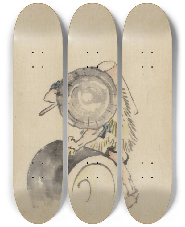 Triptych art skateboard deck of Katsushika Hokusai A Man Wearing A Large Conical Hat And A Straw Or Feather Garment_2 by Katsushika Hokusai (1760-1849)