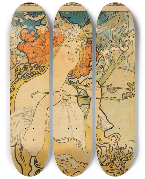 Triptych art skateboard deck of Alphonse Mucha Soleil Du Dimanche by Alphonse Mucha (1860-1939)