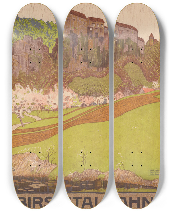 Triptych art skateboard deck of Burkhard Mangold Birsigtalbahn Baselrodersdorf Depicted Place Burg Castle by Burkhard Mangold (1873-1950)