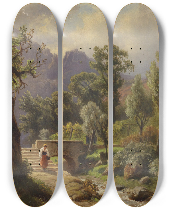 Triptych art skateboard deck of Johann Giovanni Varrone Am Heimweg by Johann Giovanni Varrone (1832-1910)