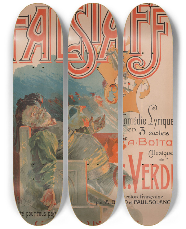 Triptych art skateboard deck of Adolfo Hohenstein Falstaff by Adolfo Hohenstein (1854-1928)