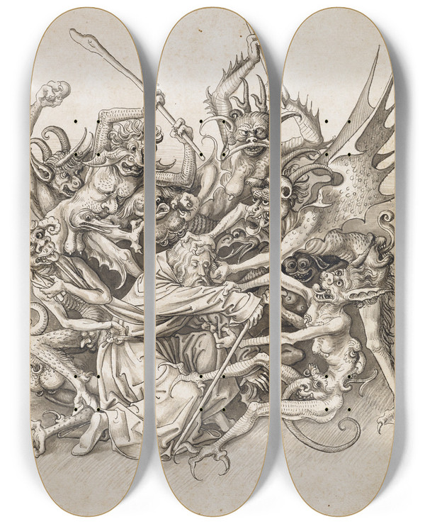 Triptych art skateboard deck of Jrg Schweiger Die Peinigung Des Hl Antonius Durch Dmonen by Jorg Schweiger (1470-1533)