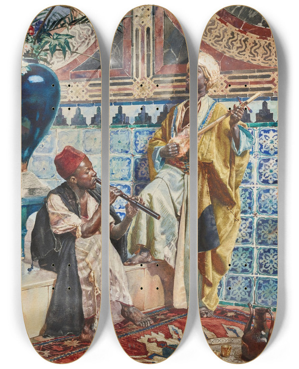 Triptych art skateboard deck of Rudolf Ernst The Musicians_1 by Rudolf Ernst (1854-1932)