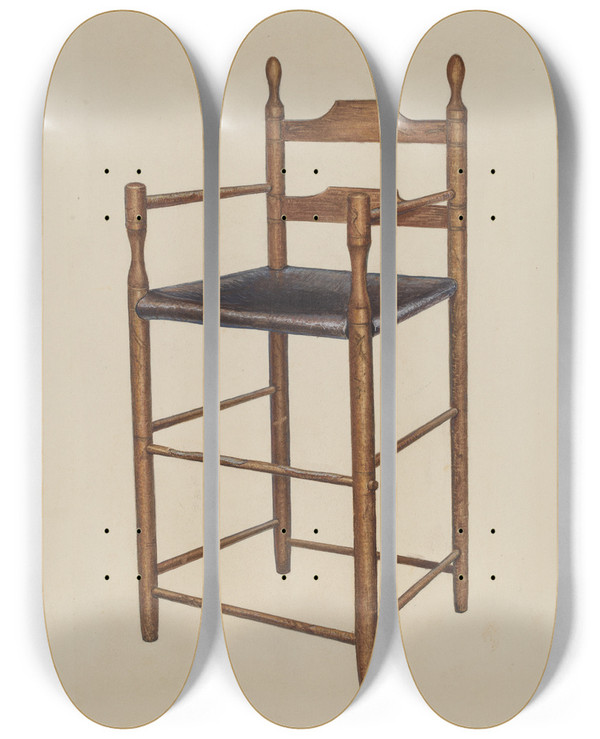 Triptych art skateboard deck of Donald Harding Childs High Chair by Donald Harding