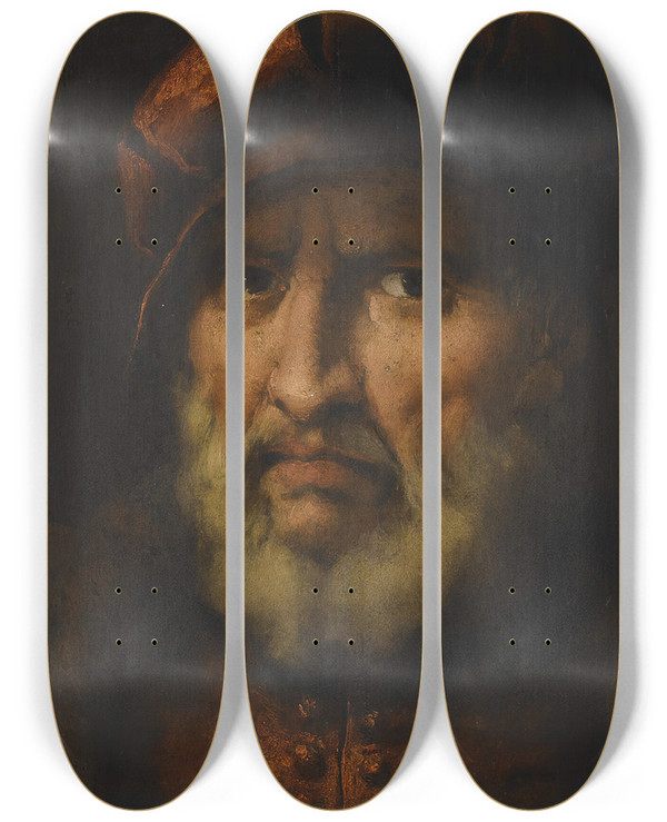 Triptych art skateboard deck of Pietro Della Vecchia Head Of A Bearded Man Wearing A Red Cap And Red Shirt by Pietro della Vecchia (1602-1678)