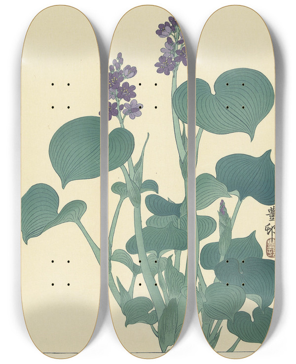 Triptych art skateboard deck of Ohara Koson Flowering Hosta by Ohara Koson (1877-1945)