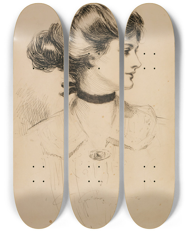 Triptych art skateboard deck of Charles Dana Gibson A Daughter Of The South by Charles Dana Gibson (1867-1944)