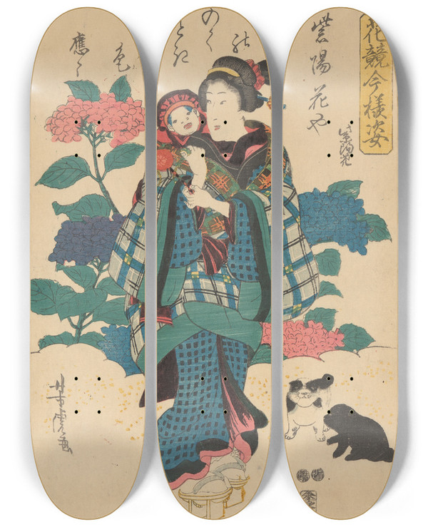 Triptych art skateboard deck of Yoshitoro Woman Holding Baby With Cap Dog And Cat by Yoshitoro