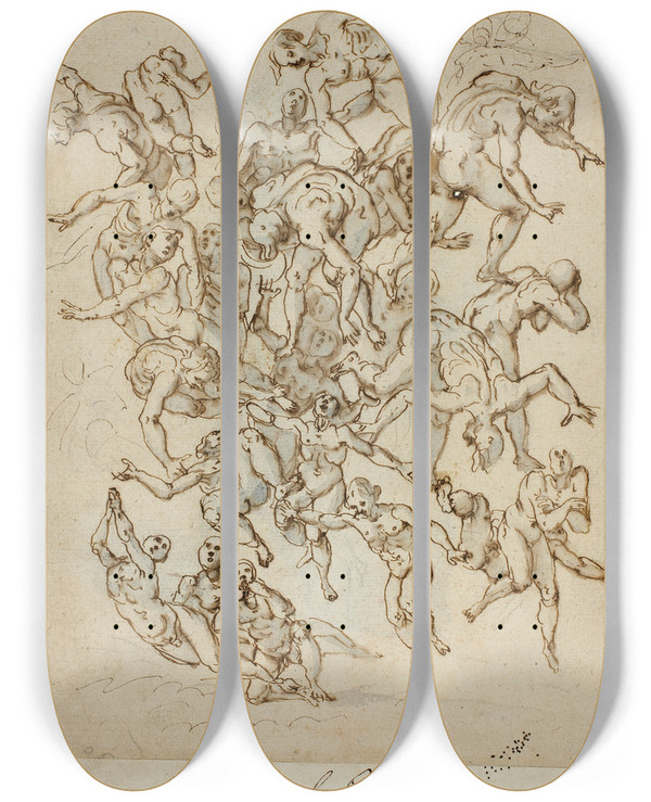 Triptych art skateboard deck of Circle Of Charles Le Brun Fall Of The Damned_2 by Circle Of Charles Le Brun (1619-1690)