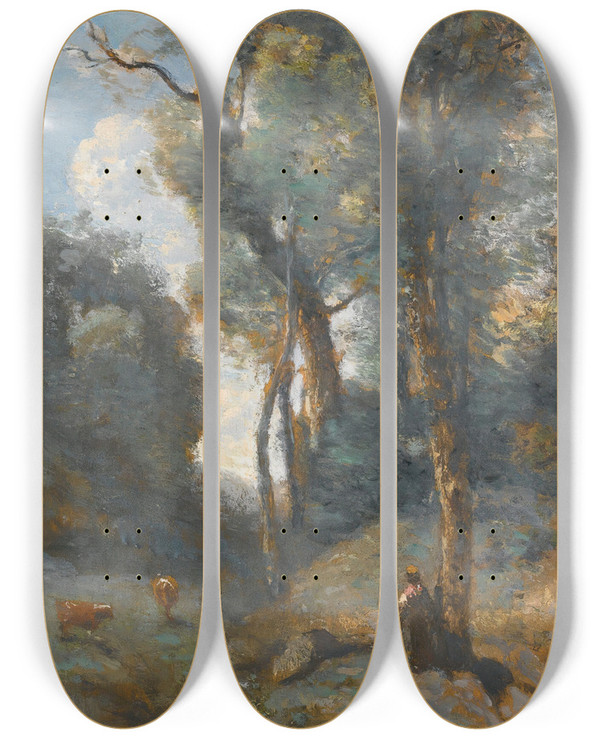 Triptych art skateboard deck of Jeanbaptistecamille Corot Vachre Sur Un Coteau Boise by Jean-Baptiste-Camille Corot (1796-1875)