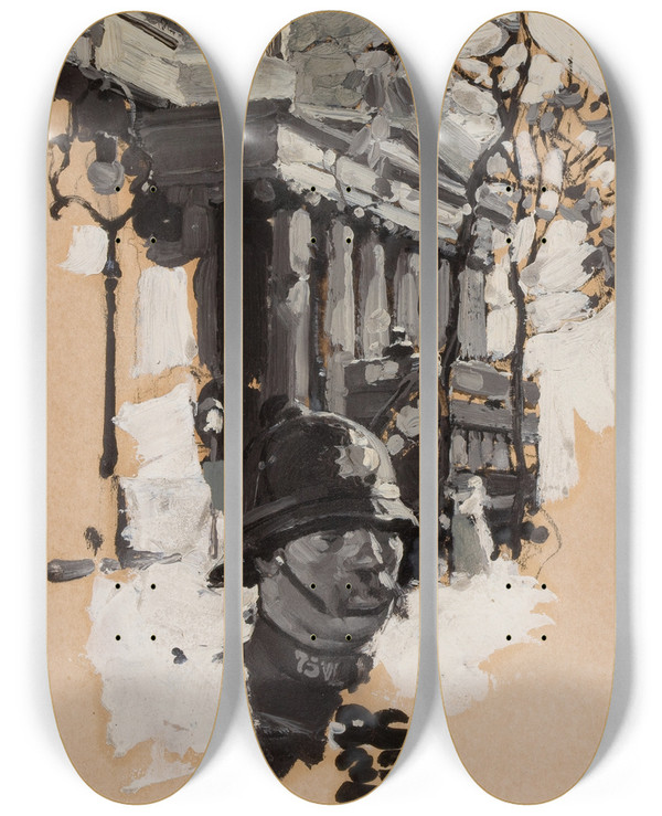 Triptych art skateboard deck of Dean Cornwell Policeman With Parliamentary Building by Dean Cornwell (1892-1960)