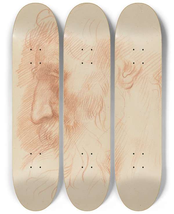 Triptych art skateboard deck of Alphonse Legros Study Of A Mans Head Recto by Alphonse Legros (1837-1911)