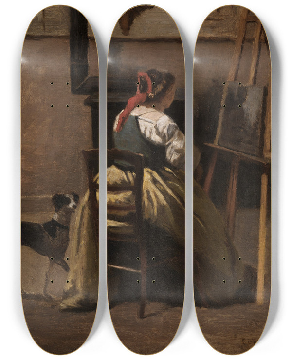Triptych art skateboard deck of Jeanbaptistecamille Corot Latelier De Corot by Jean-Baptiste-Camille Corot (1796-1875)