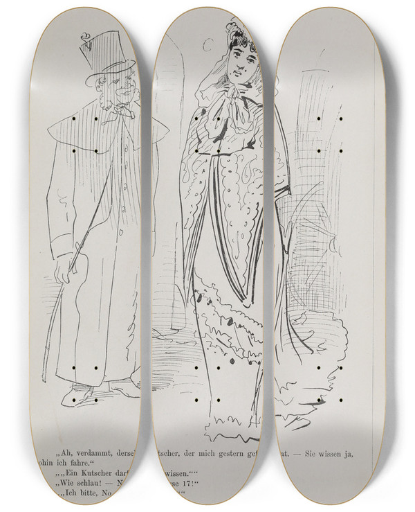 Triptych art skateboard deck of Karel Klic Bilderbuch Fur Hagestolze Pl055 by Karel Klic (1841-1926)