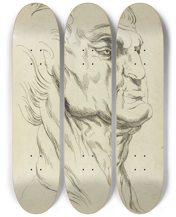 Triptych art skateboard deck of Peter Paul Rubens Head Of A Man by Peter Paul Rubens (1577-1640)