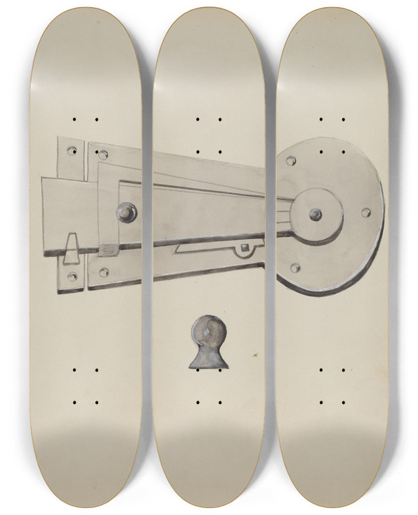 Triptych art skateboard deck of John R Towers Latch_1 by John R Towers