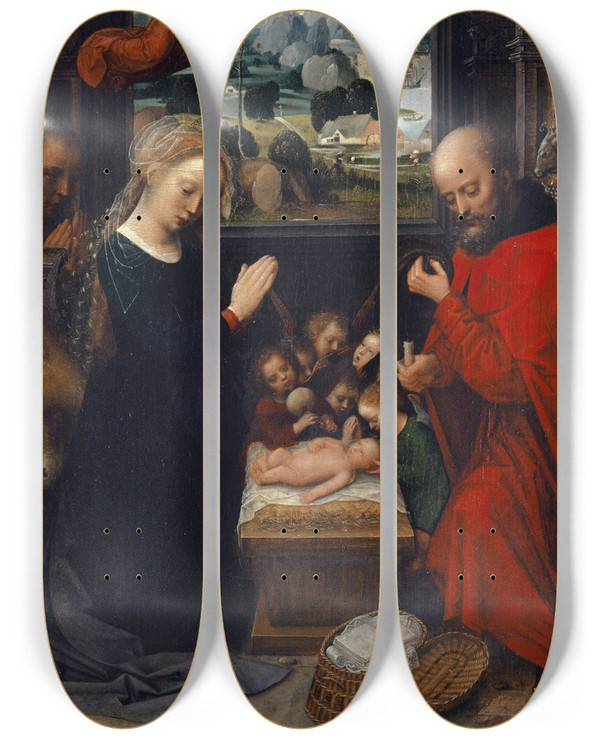 Triptych art skateboard deck of Adriaen Isenbrandt The Nativity by Adriaen Isenbrandt (1480-1551)