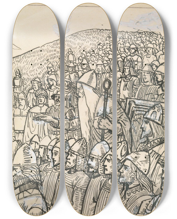 Triptych art skateboard deck of Christian Krohg Torgny The Lawman Speaks Against The Swedish King At The Upsala Thing by Christian Krohg (1852-1925)