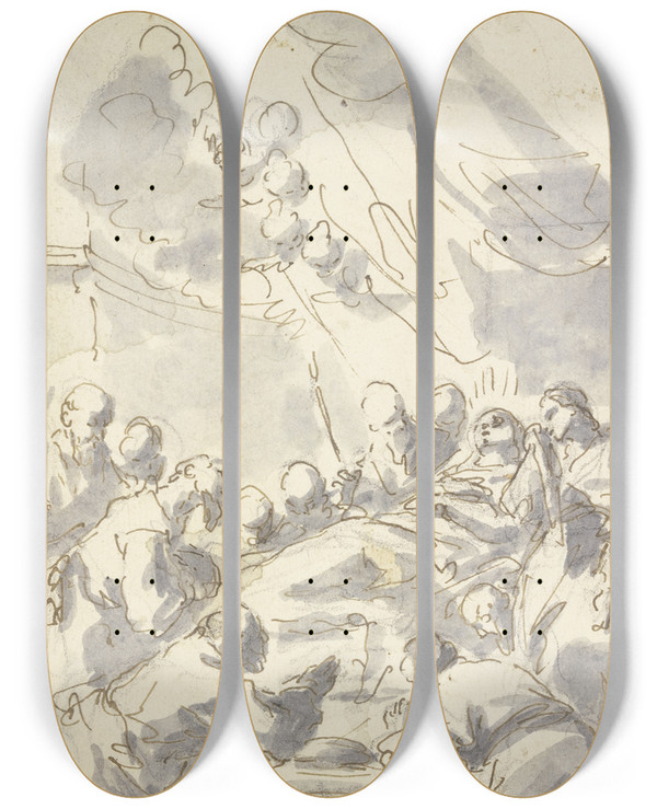 Triptych art skateboard deck of Gaspare Diziani Death Of The Virgin by Gaspare Diziani (1689-1767)
