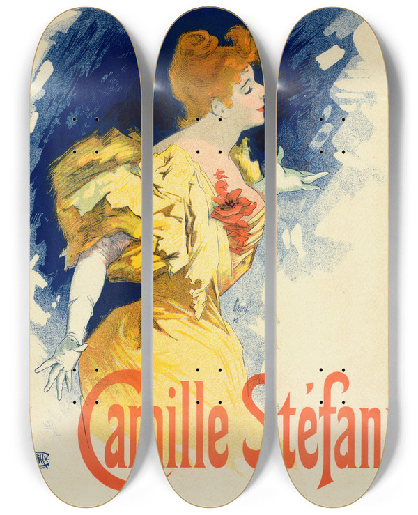 Triptych art skateboard deck of Jules Chret Camille Stfani by Jules Cheret (1836-1932)