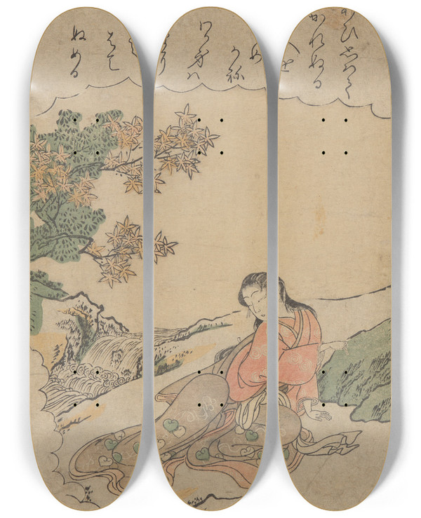 Triptych art skateboard deck of Katsukawa Shunsh Katsukawa Woman Beside Stream by Katsukawa Shunsho (1726-1792)
