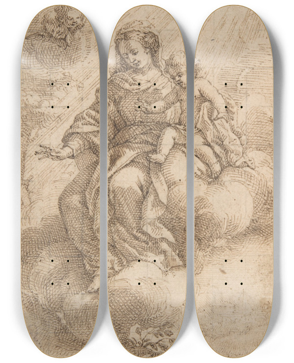 Triptych art skateboard deck of Vicente Salvador Gmez Madonna And Child Seated On Clouds by Vicente Salvador Gomez (1637-1678)