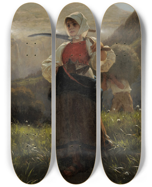 Triptych art skateboard deck of Carl Diethelm Meyer Woman Of The Haslital Returning From The Hay Harvest by Carl Diethelm Meyer (1840-1884)