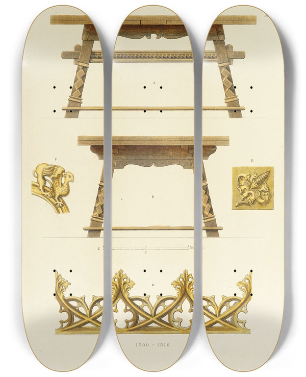 Triptych art skateboard deck of Carl Becker Kunstwerke Und Gerathschaften Des Mittelalters Und Der Renaissance Pl53 by Carl Becker (19-)